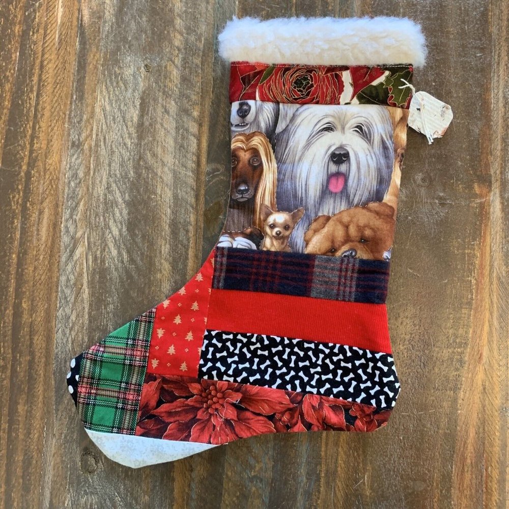 Christmas Stocking Quilted Patchwork Fabric Dog Puppy NEW 15” Handmade